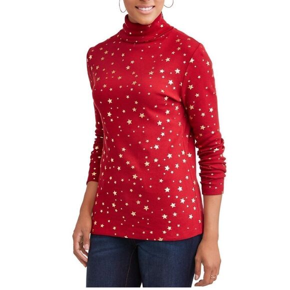 Time & Tru Red Women’s Gold Star Turtleneck - Picture 1 of 9